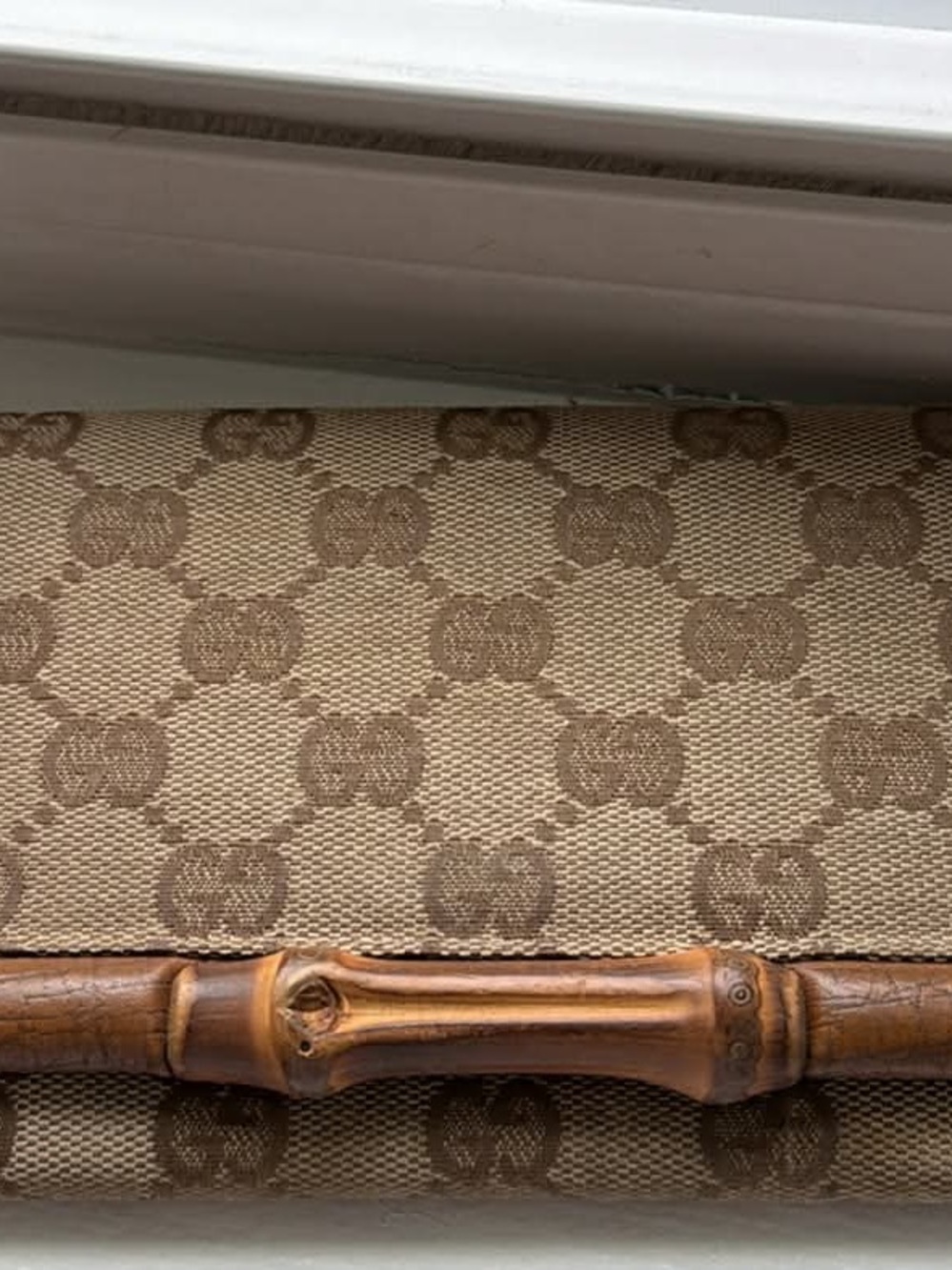 Gucci Beige Monogram Bamboo Handle Clutch